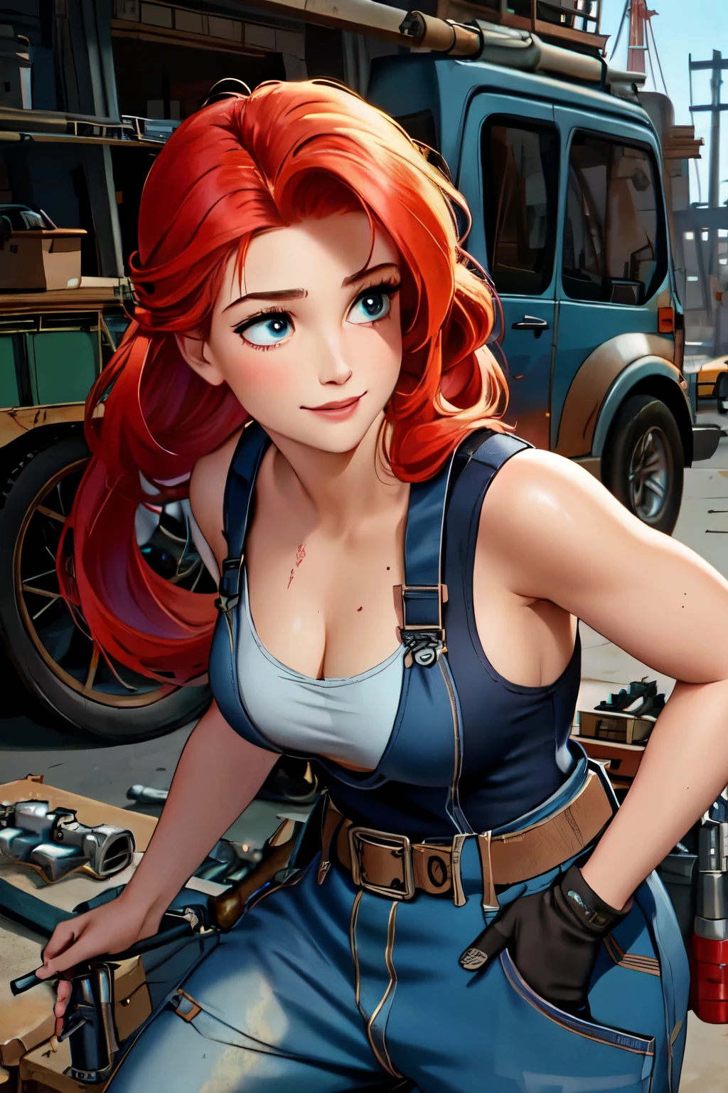 (masterpiece:1.2), (best quality), (ultra detailed), (8k, 4k, intricate),(highly detailed:1.2),(detailed face:1.2), (detailed background),(portrait),detailed background of mechanical workshop, rusty broken vehicle in background (dynamic pose:1.2),ariel  1girl, solo, long hair, looking away, eyes gazed downwards, side profile, action pose, candid pose, smile, red hair inspired from ariel of the little mermaid, long sleeves, dress, hair tied up, blue eyes, mechanic, construction worker, contractor 

Ariel protrayed as a mechanic working in a mechanics shop, she is turned away from viewer and is focused on repairing a old rusy vehicle, slightly bent over, oil smeared on her face and clothes, dressed in large baggy coveralls, long sleeves, work gloves, wrenches and tools in pockets, has a bandana on her head, durable work boots, safety goggles, tattoos with ocean motifs on body, curvy, beautiful 