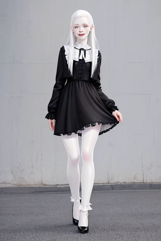 (full body:1.3),(black clothing), Cute 18 yo (albino:1.4)woman of Slavic descent.(short:1.1), , long white hair, gray eyes, ((very pale:1.4)). Innocent look. Gentle spirit.(virgin), (joy:1.2),(smile:1.3). (Playful:1.2). Mascara, eyeglasses, necklace, jacket, blouse, ruffle dress, (black pantyhose), high heels.