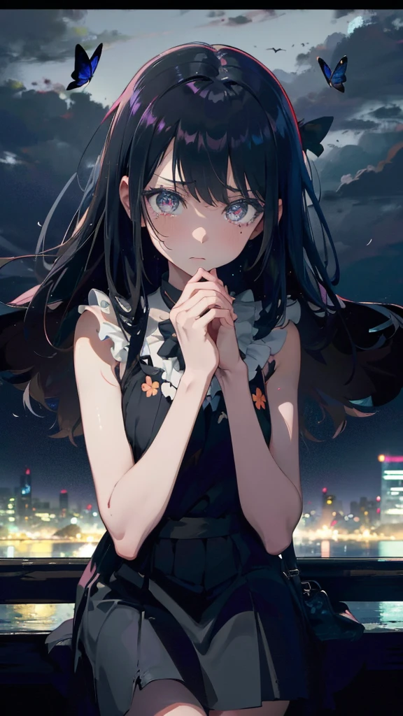 1 anime girl, alone,,Black petals flutter, A mysteriously shining butterfly.city,thin legs,Gloomy cloudy sky,sad expression,very clear,highest quality,city,standing on the street corner,Are crying,tears,close up of face,Sit in the water,holding a book in hand,Sit down