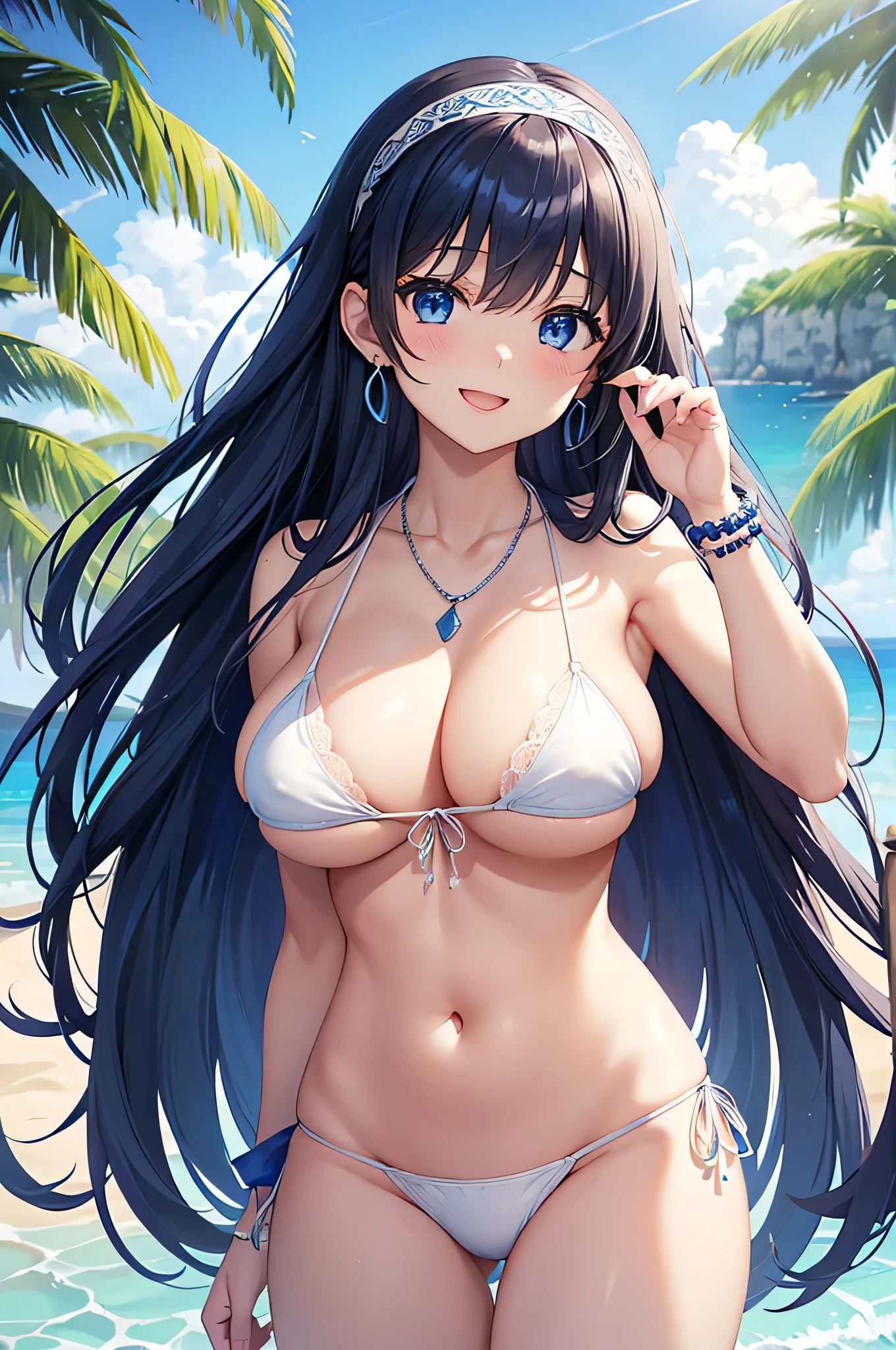 highest quality、Best image quality、masterpiece、beautiful girl、Navy blue long hair、blue eyes、(White Bikini:1.3)、Black lace、Big cleavage、(Big Breasts)、smile、blue necklace、Blue Earrings、background(Beach)、A dynamic pose、Please open your mouth wide、White headband、Lying on the Beach、bracelet