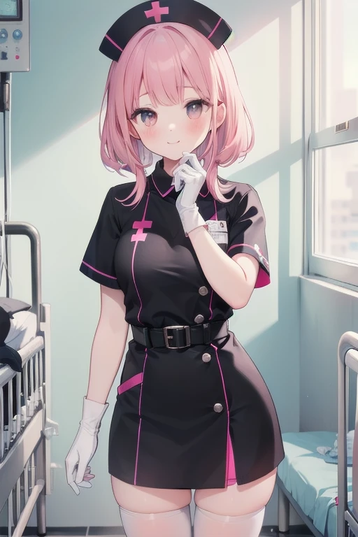 1girl, solo, nurse, nurse cap, white wear, ((white legwear, zettai ryouiki)), white gloves, pink hair,  drooping eyes, ((covered nose)), standing, ((hospital room)), sharp outline, short sleeves, best quality, masterpiece，Fleshy，Brown eyes，Fleshy，Black hair，happy，lol，Heart，belt，Black clothes