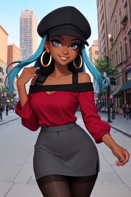masterpiece, best quality, (Detailed face:1.2), (Detailed eyes:1.2), solo, 1girl, nessacasual, dark skin, makeup, smile, grey cabbie hat, red shirt, off shoulder, collarbone exposed, medium breasts, cleavage, tight black short skirt, pantyhose, hoop earrings, black high-heels, hoop earrings, outdoors, city street