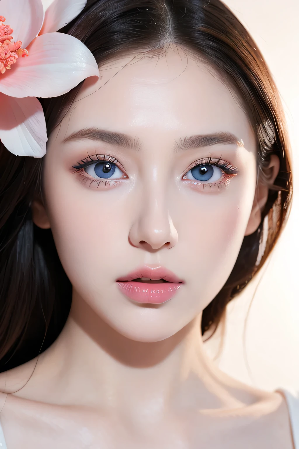 ((Close-up of face)),Woman with heavy makeup taking photo, Beautiful lips, focus on pursed lips, pale Thin lips, Big lips and kind blue eyes, Delicate pale pink lips, Thin lips, Perfect lips, Eyes and lips, Beauty Retouching, open mouth, big Eyes and lips, Coral lipstick, Full lips, Thin light pink lips