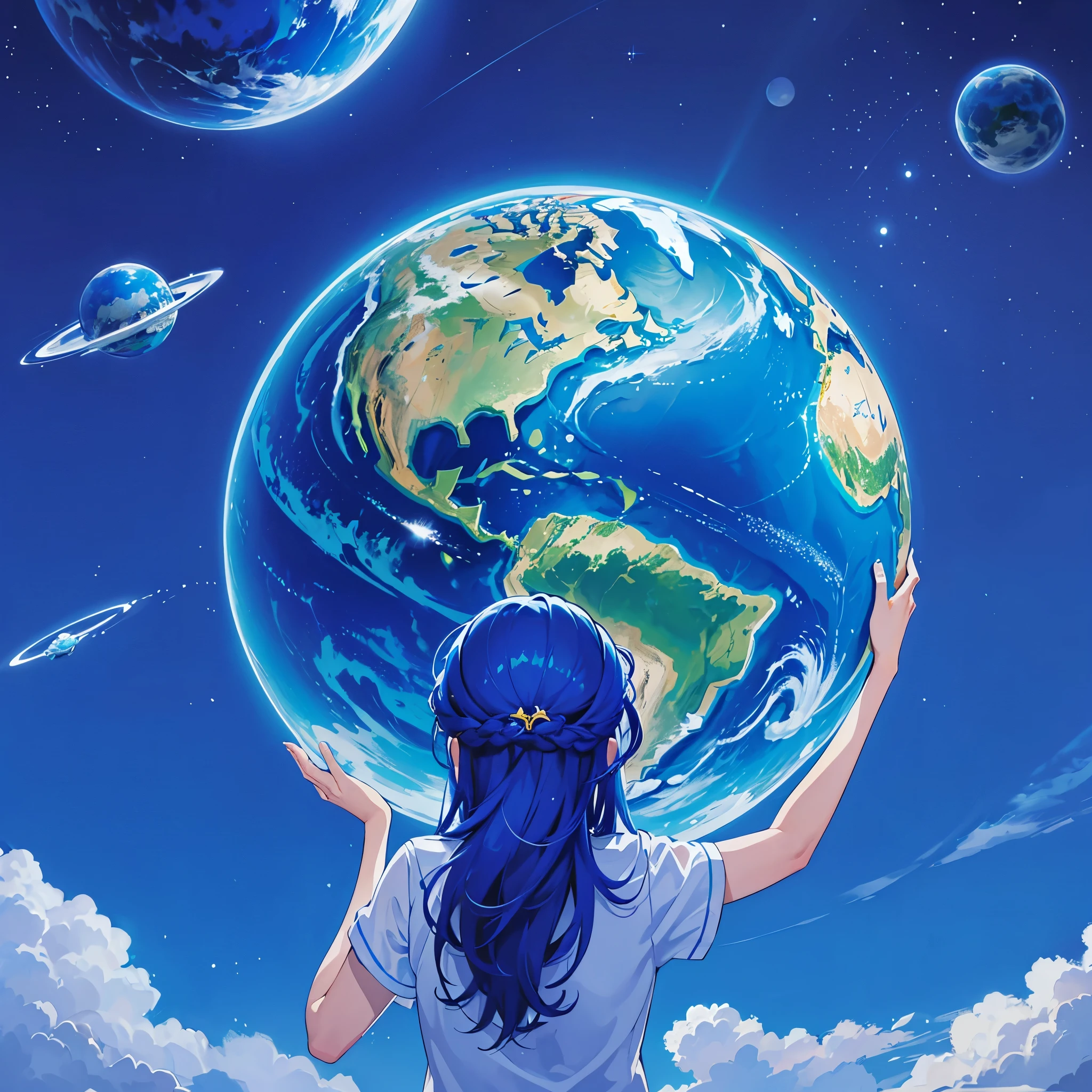 Top quality, masterpiece, 8K, one big blue earth, blue space, one woman holding her hands over the earth, woman turning the earth, long blue hair, woman looking down on the earth, woman much larger than the earth