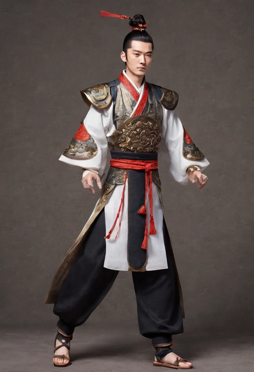 Ancient Chinese man in armor、Clever man、Looking into the camera、His hair is in a bun、Only one topknot、Black Hair、Stand and pose、Pixel art、(masterpiece, highest quality, highest quality), pixel,pixel art,whole body,Characters in Romance of the Three Kingdoms、Transform、Short Deformation、The head is decorated with white embroidery...、Handsome man in trousers