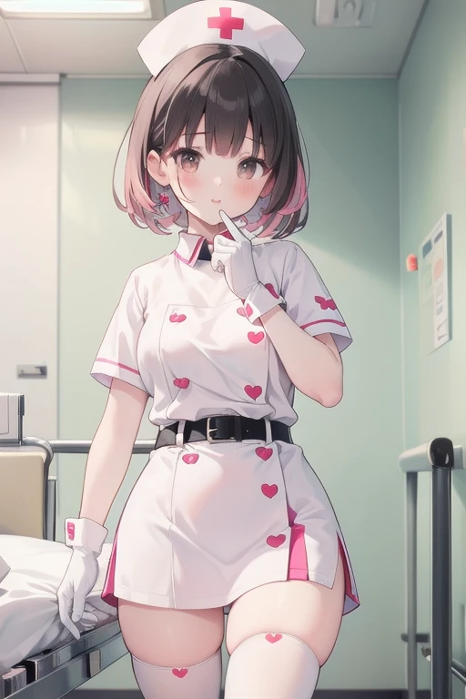 1girl, solo, nurse, nurse cap, white wear, ((white legwear, zettai ryouiki)), white gloves, pink hair,  drooping eyes, ((covered nose)), standing, ((hospital room)), sharp outline, short sleeves, best quality, masterpiece，Fleshy，Brown eyes，Fleshy，Black hair，happy，lol，Heart，belt，Black clothes