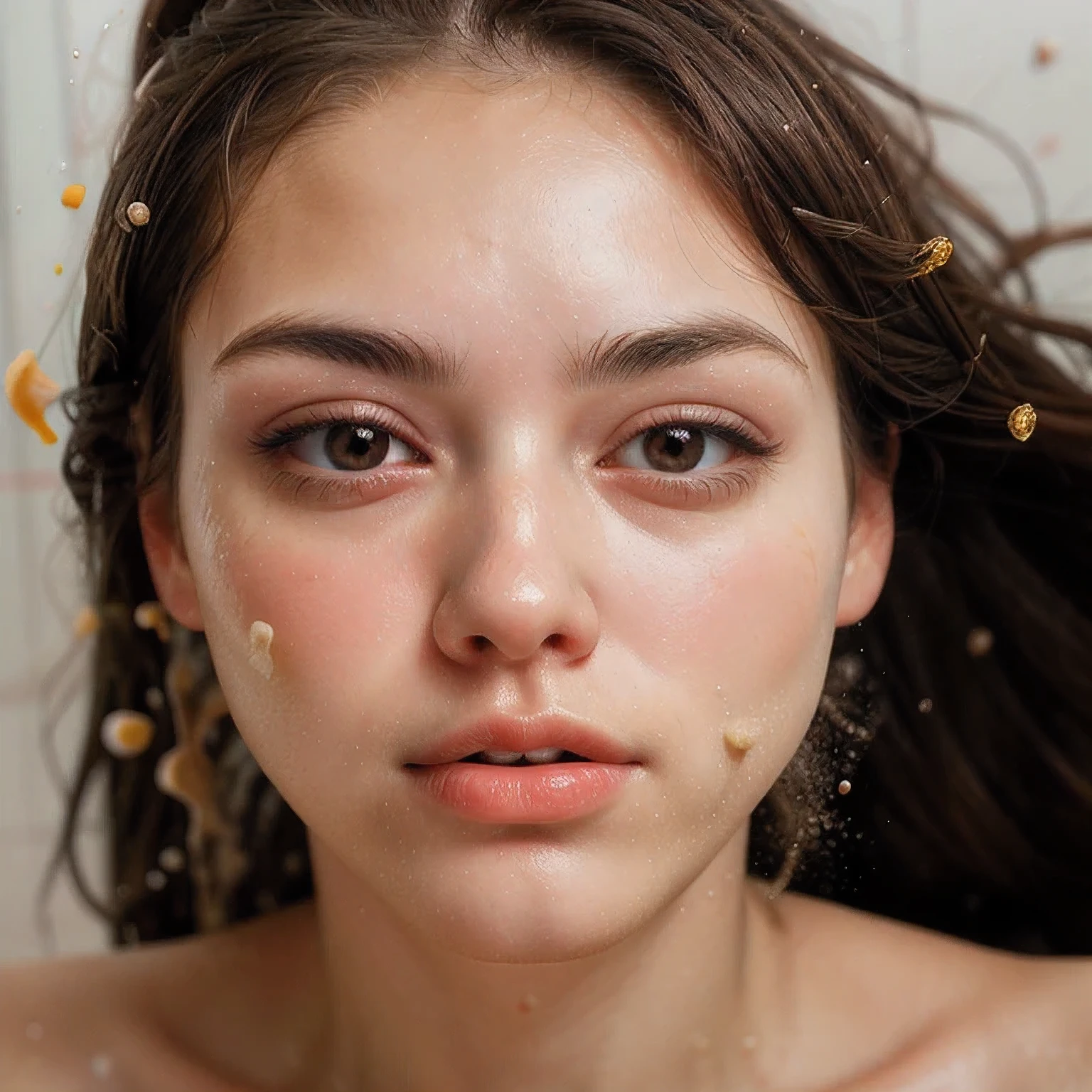 ((top Quority,8K,tmasterpiece:1.3)),woman(bathroom),perspired,Water droplets on the forehead of the face,exteriors,background urban cityscape,Overhead,Sharp focus:1.2,cute women:1.4,((Layered Hair Style)),(Floral shirt),very detailed face and skin and hair texture,Knotted brunette hair,Moist textured hair,Moist body,Detailed eyes, Showers,White skin of the,Beautiful legs, beautiful delicate nose,Cute young Japanese woman,28 year old,dynamic angle,Deleite para la vista,Compositional suggestiveness,while emphasizing the subject's hair,The eye,Mouth and movements,At the same time, It exudes a confusing emotion,It is characterized by a mixture of calm tones and contrasts of light and shadow。