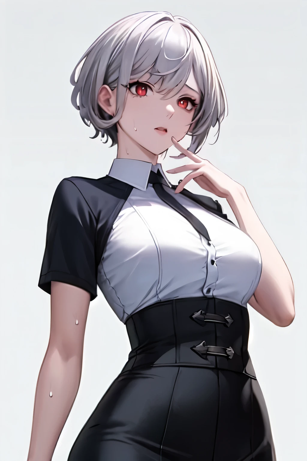 ((best quality)), ((masterpiece)), (detailed), Perfect face((best quality)), ((masterpiece)), (detailed), 4K quality，Ultra HD，Perfect face，White hair，Red eyes，White shirt，Black corset，Black hip skirt，sweat，Gray background，short hair，full，Chest leak，hand behind back