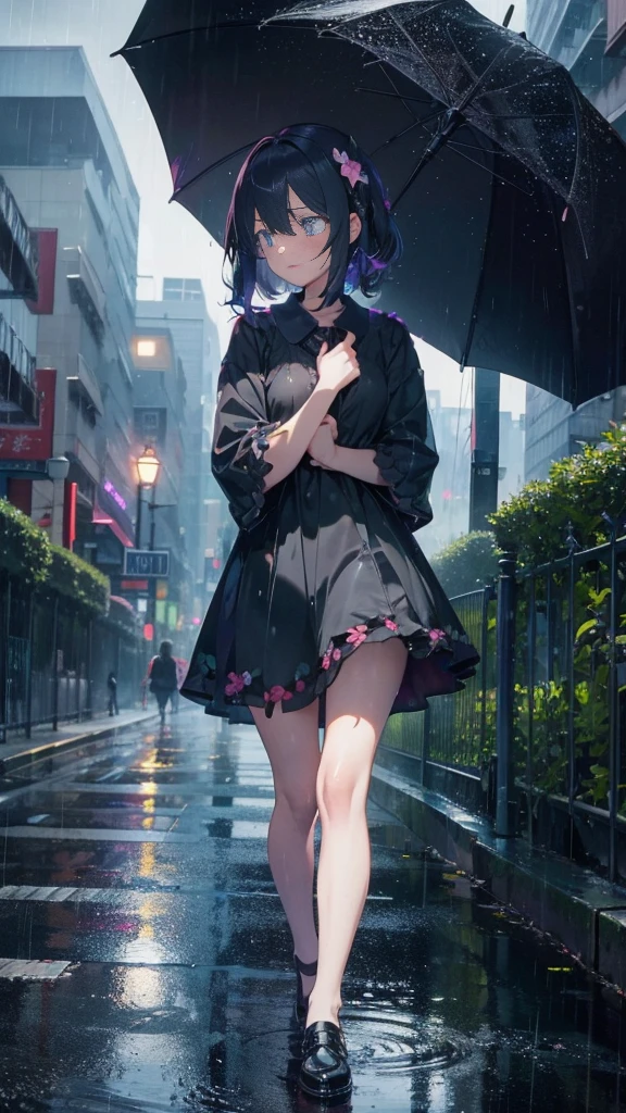 1 anime girl, alone,,Black petals flutter, A mysteriously shining butterfly.city,thin legs,Gloomy cloudy sky,sad expression,very clear,highest quality,rainy city,standing on the street corner,Are crying,tears,close up of face,Sit in the water