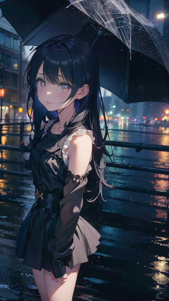 1 anime girl, alone,,Black petals flutter, A mysteriously shining butterfly.city,thin legs,Gloomy cloudy sky,sad expression,very clear,highest quality,rainy city,standing on the street corner,Are crying,tears,close up of face,Sit in the water