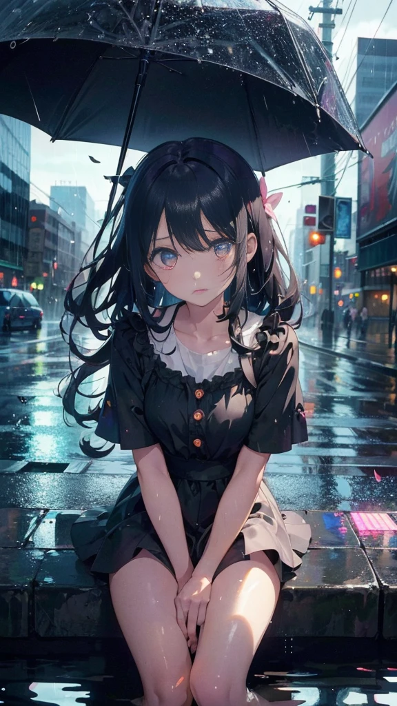 1 anime girl, alone,,Black petals flutter, A mysteriously shining butterfly.city,thin legs,Gloomy cloudy sky,sad expression,very clear,highest quality,rainy city,standing on the street corner,Are crying,tears,close up of face,Sit in the water