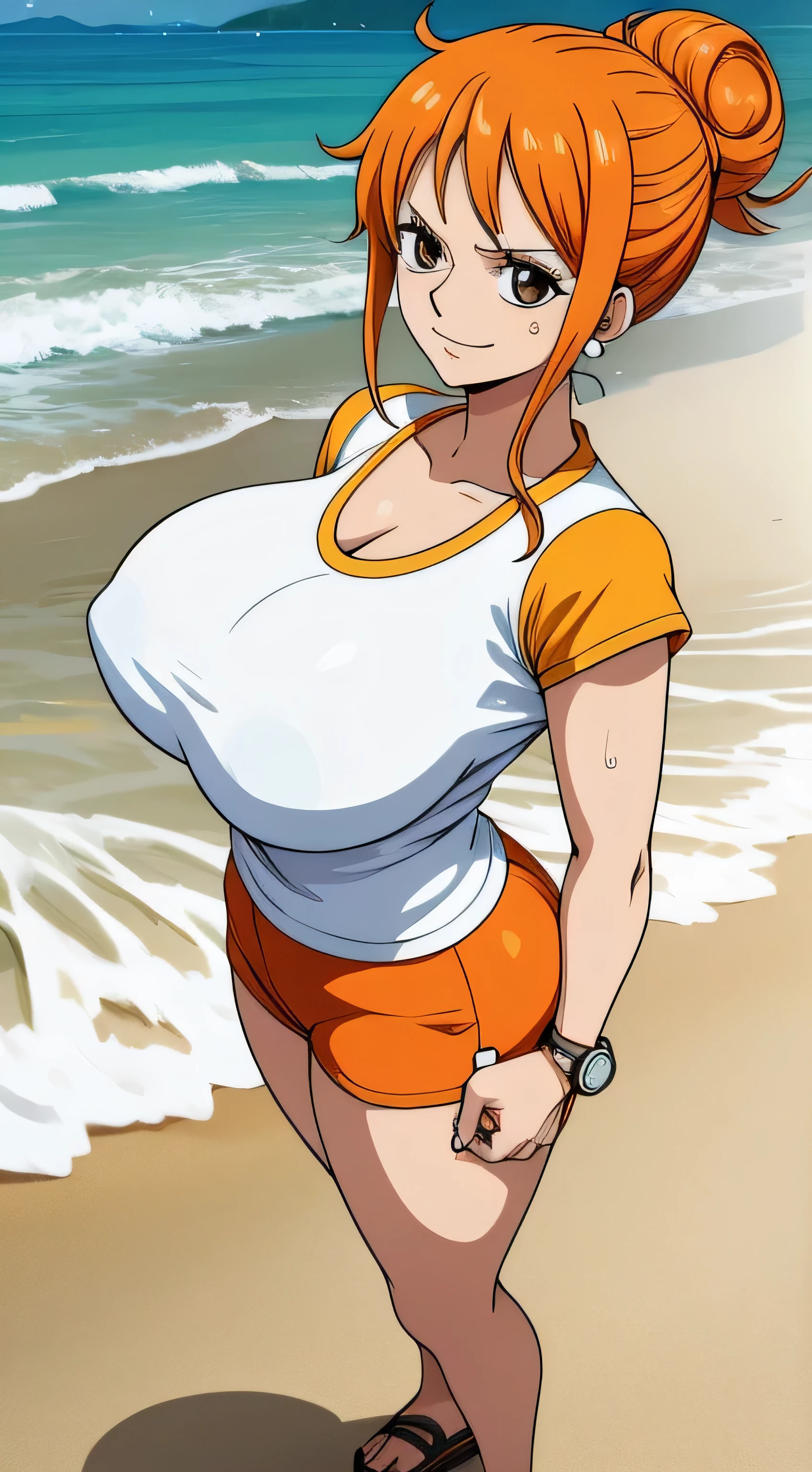 NamiFinal, Nami from the anime One Piece, orange hair, bangs, hair in a bun, beautiful, beautiful woman, perfect body, perfect breasts, wearing a sport shirt, wearing earrings, wearing a watch, at japan beach, looking forward, slight smile, realism, masterpiece, textured leather, super detail, high detail, high quality, best quality, 1080p, 16k, busty milf, sweaty, huge breast, huge ass, massive breast, full body view 