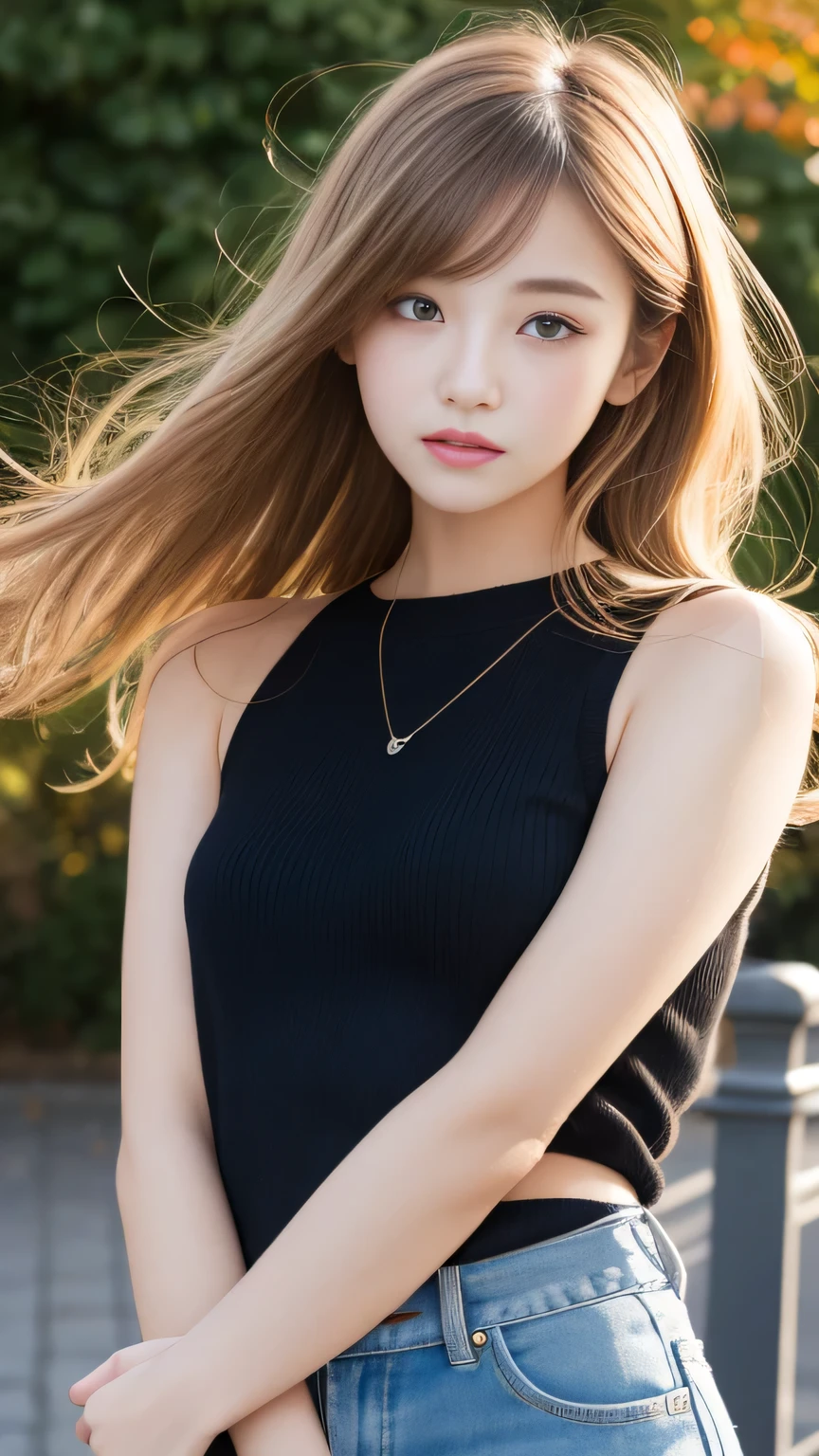 Gal-style autumn fashion、Sexy Big 、A cute -yeld giwith a sexy and cute look, beautiful and sexy face、A strong wind blows my hair in front of my face、With straight blonde hair、beautiful, Cute and sexy eyes hidden behind long bangs、I'm wearing a choker、Cute colorful micro mini skirt