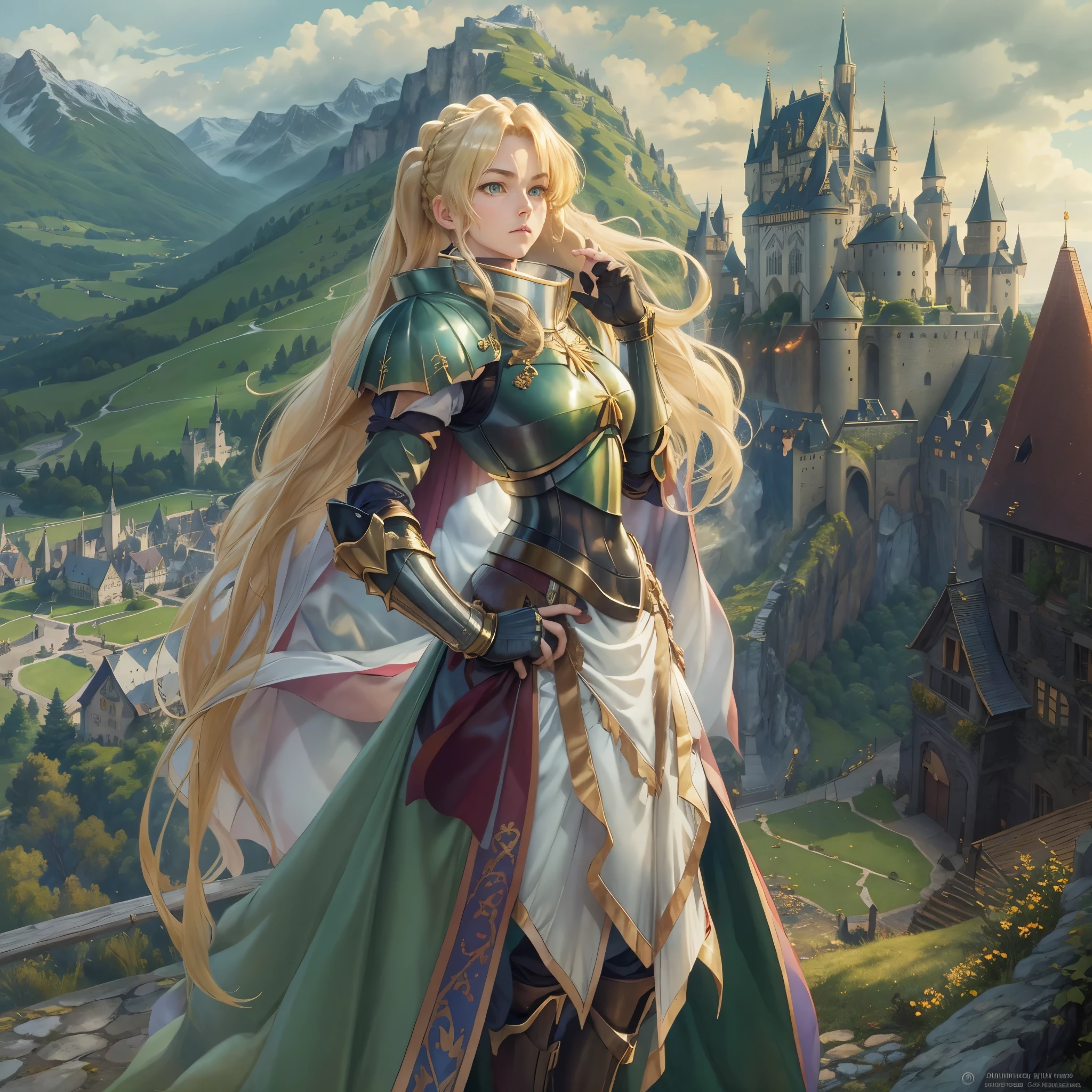 masterpiece, best quality, 1girl, alicetaria, blonde hair, long hair, ponytail, green eyes, armor, cape, solo, medieval castle, switzerland mountains background