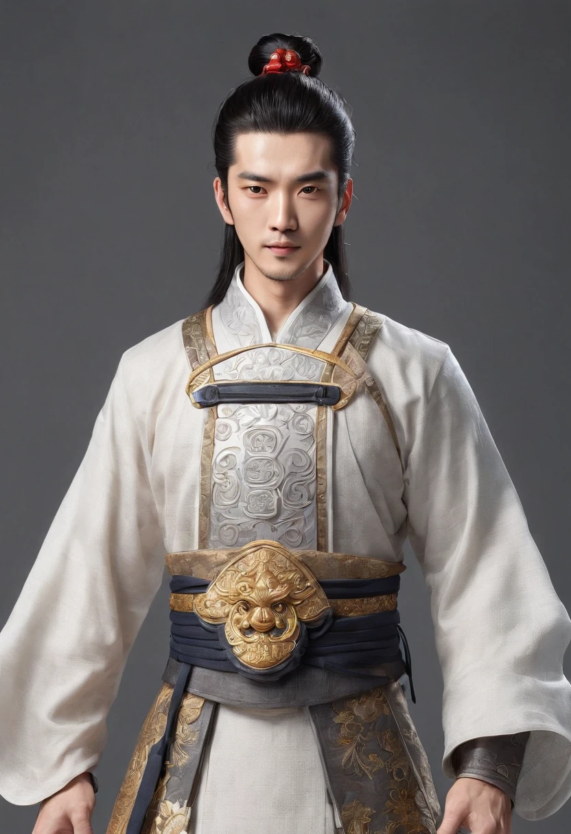 Ancient Chinese man in armor、Clever man、Looking into the camera、His hair is in a bun、Only one topknot、Black Hair、Stand and pose、Pixel art、(masterpiece, highest quality, highest quality), pixel,pixel art,whole body,Characters in Romance of the Three Kingdoms、Transform、Short Deformation、The head is decorated with white embroidery...、Handsome man in trousers