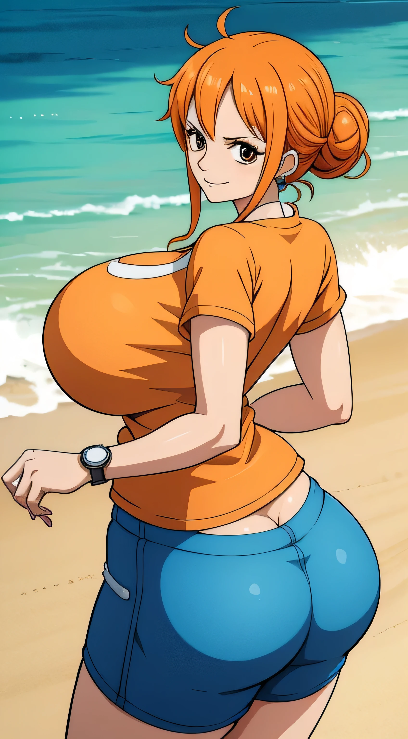 NamiFinal, Nami from the anime One Piece, orange hair, bangs, hair in a bun, beautiful, beautiful woman, perfect body, perfect , wearing a sport shirt, wearing earrings, wearing a watch, at japan beach, looking forward, slight smile, realism, masterpiece, textured leather, super detail, high detail, high quality, best quality, 1080p, 16k, busty milf, sweaty, , huge , massive , full body view 