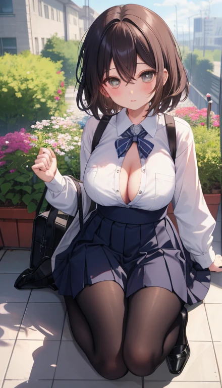 One Girl、Positive、From above、Full body portrait、Brown haired、Medium Haircut、blush、Absolute area、Knee socks、stockings、pantyhose、lace pantyhose、White underwear、Cleavage、Light blue cut shirt、Unbutton your shirt、Shirt buttons fly off、Navy blue checkered pleated skirt、Very short skirt、garden、Daytime、(Very big boobs)、((Full Body Lesbian))、masterpiece、(highest quality)、Panties around the ankles、loafers、The wind blows up my skirt