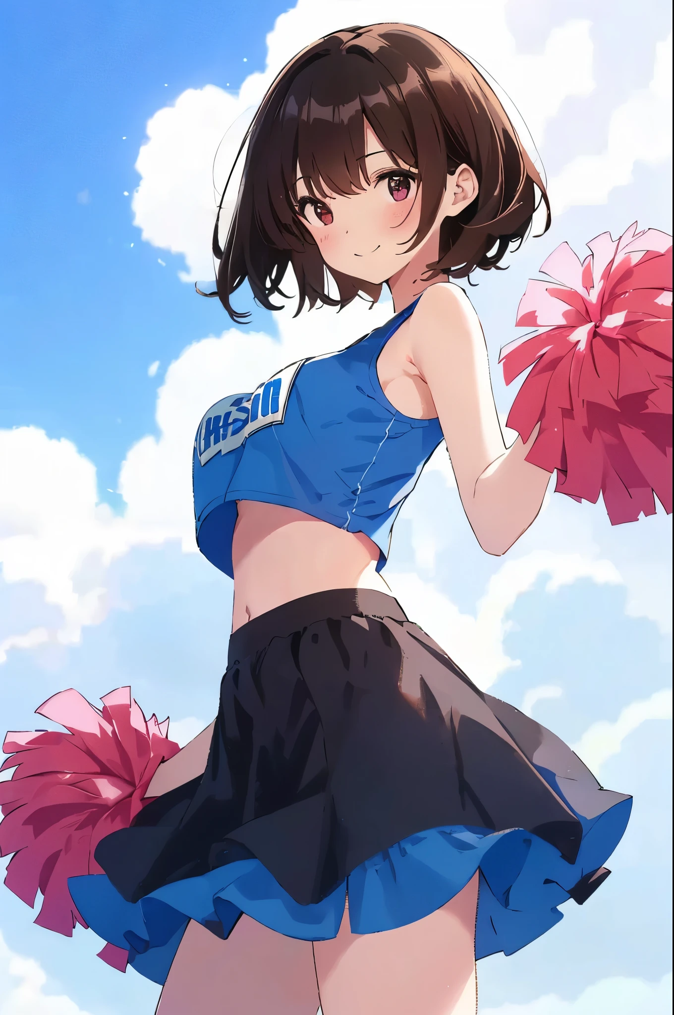 best quality, masterpiece, (solo:1.2), (1 Female:1.2)、Age 25、Larger breasts、(Slender figure)、From the side、Thighs、(side)、belly button、(Cheerleader:1.2)、cheerleading, cheerleader, pom pom、(Shake pom-poms in both hands)、Dynamic、(See-through clothing:1.2)、(White highlight in pupil:1.2)、Dark reddish brown eyes、(Black-haired:1.2)、(Medium Hair)、(View your viewers:1.2)、White skin、(blush)、(A shy smile)、(I blur the background a lot to make the woman stand out.:1.3)、Beautiful flowers in the background、(blue sky:1.2)、cumulonimbus