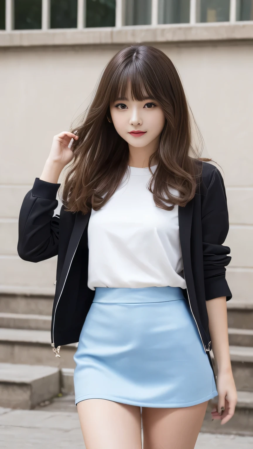 Gal autumn outfit coordination、Sexy Big 、A cute -yeld giwith a sexy and cute look, beautiful and sexy face、A strong wind blows my hair in front of my face、With straight blonde hair、beautiful, Cute and sexy eyes hidden behind long bangs、Cute colored tulle mini skirt