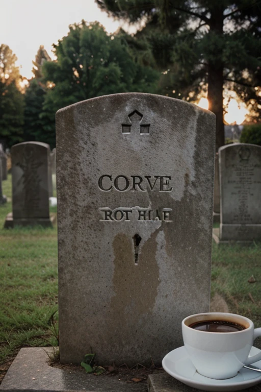 Create an image of a gravestone from the front, with a cup of coffee next to it