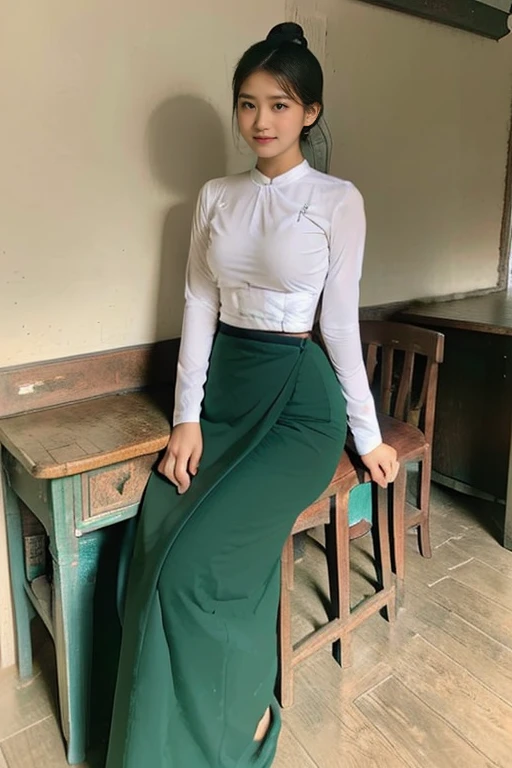A school teacher is 30years old.Tall, thin, big hips, big breasts, black hair, small lips, brown eyes, attractive, K.Top=white Burmese blouse,With long sleeves,Buttoned at the side.Bottom=(Dark green) long skirt.
Footwear=female Burmese sandals,The hair is knotted bun.