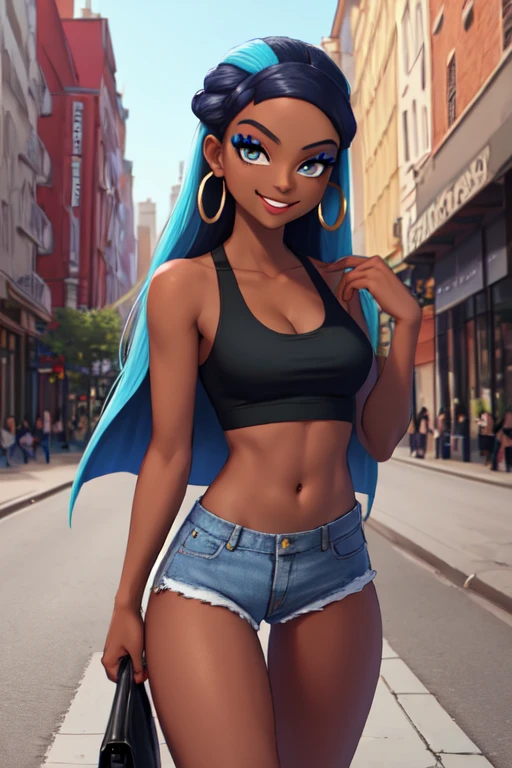 masterpiece, best quality, solo, 1girl, nessacasual, dark skin, makeup, smile, looking at viewer, standing, opened blue jacket, black tank-top, ((midriff)), medium breasts, cleavage, denim short-shorts, hoop earrings, outdoors, city street