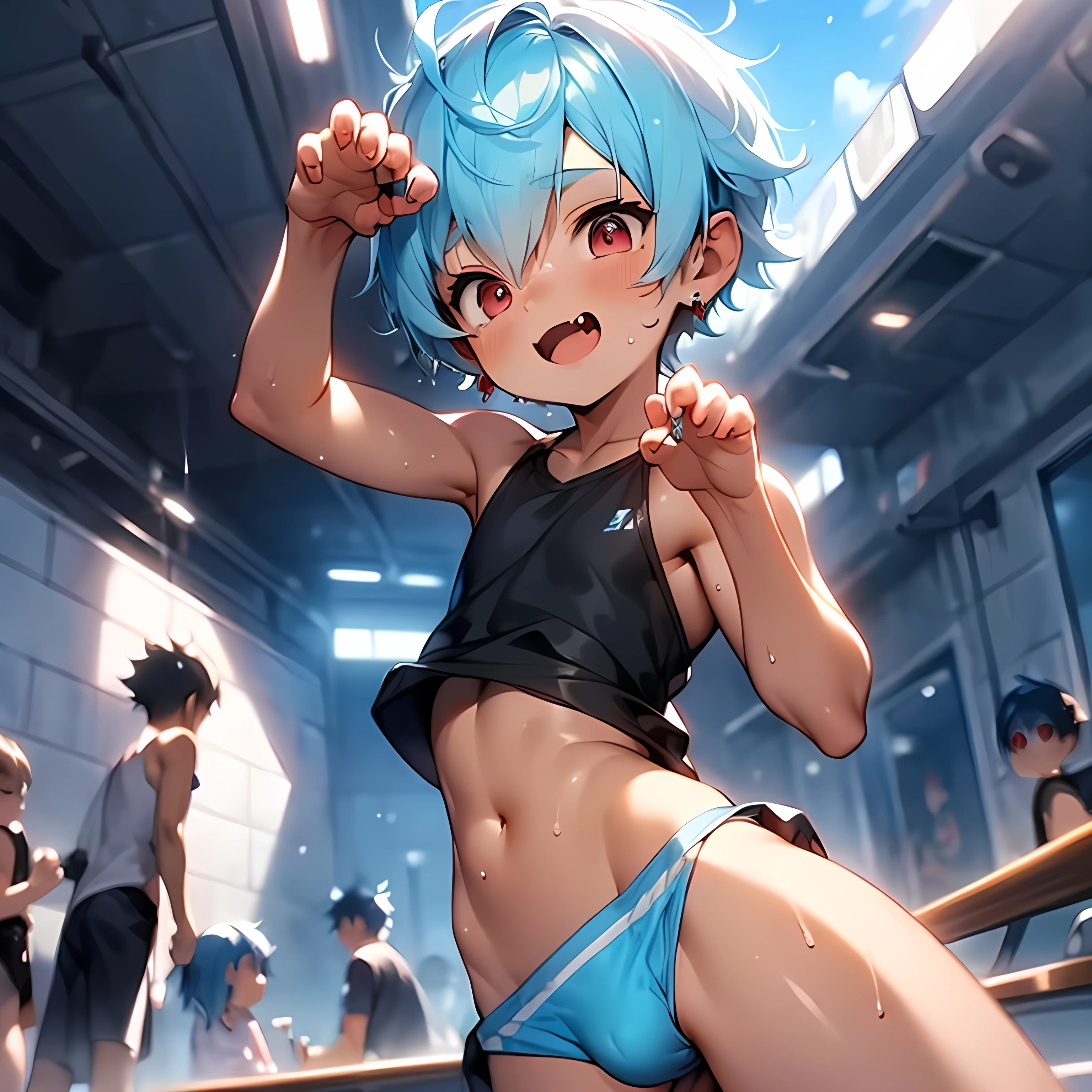 (boldline:-1.6), (claw pose:1.3), (arched back:1.2), (((fang))), (((best finger))), BREAK (best quality:1.5), (absolutely resolution:1.5), (ultra detailed:1.5), (masterpiece:1.5), (perfect face:1.5), (detailed face:1.3), (detailed eyes:1.5), (cute face), (shota:1.7), BREAK (white baggy tank top), BREAK (white loincloth:1.3), ((see throgh wet clothes)), (bulge:1.5), (skinny:1.3), (spiked hair), BREAK (light blue hair:1.5), (wine red eyes:1.4), (eyes with high light), ((mole under eye)), (sweaty skin), (chuckling:1.3), (open mouth), (blush:1.2), ((earrings)), (shiny skin:1.3), BREAK (river side), (sunlight), ((wind blowing)), (nipple), abs, groin, ((from below)),