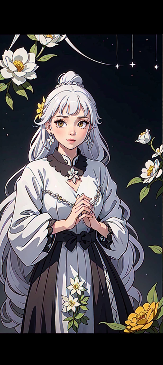 One beautiful woman with white hair and flowers in her, in the style of light silver and dark gray, chinese folklor, 8k uhd, jewelry, braid, flower, earrings, long hair, yellow eyes, gem, necklace, white hair, white flower, dress, long sleeves