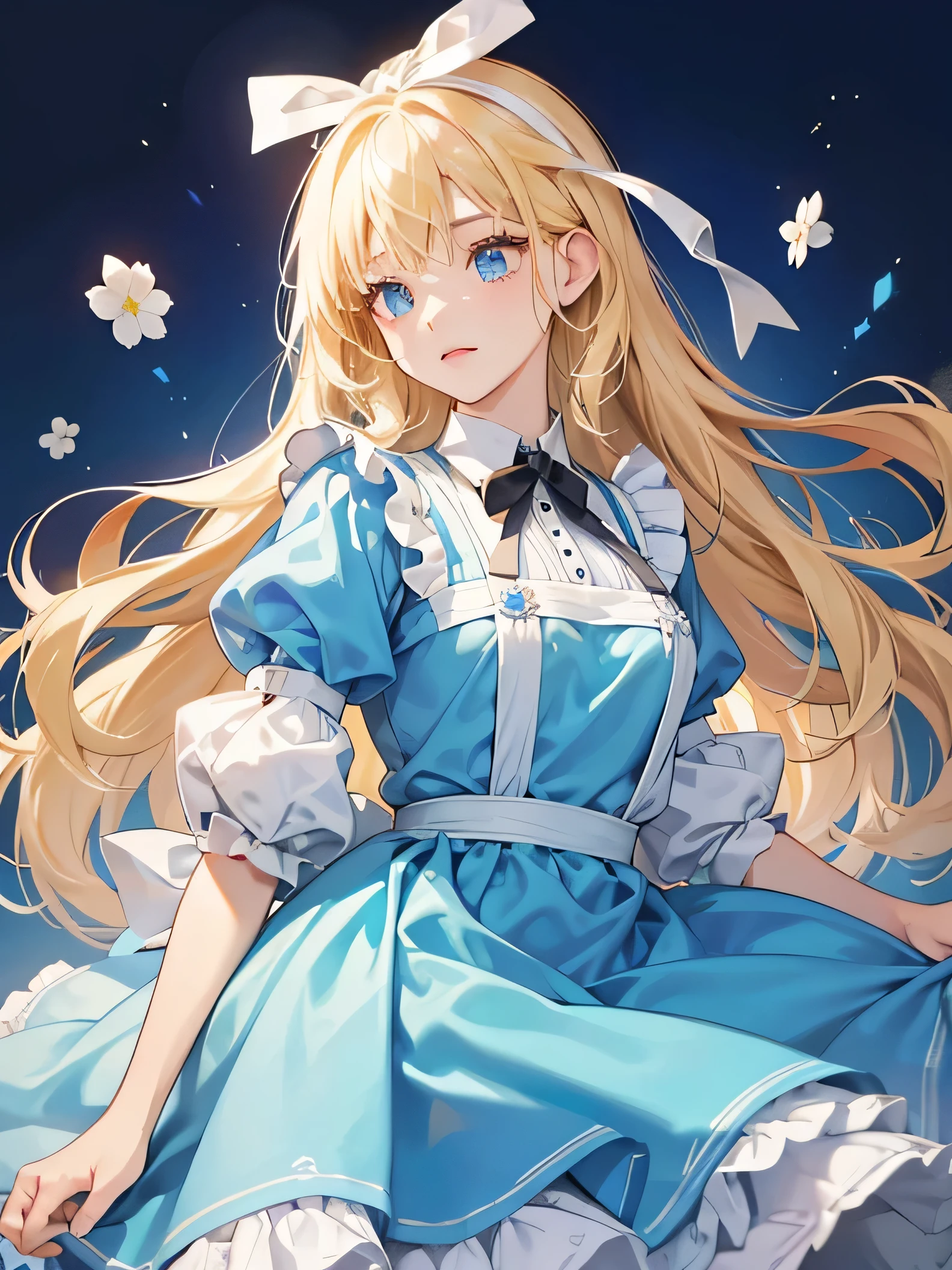 She has a white ribbon on her head、Blonde Hair、Fluffy hair、The whole body enters、No background、Blue dress、Wearing a white apron、Alice in Wonderland