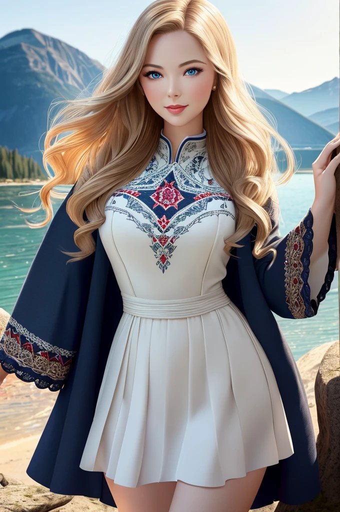 1girl, Large blond Hair With Messy Strands, Pale Skin, Red Lipstick, Dress Covered With Intricate Wood Cut Patterns. Round full face, full features. Wide toothy smile, Dynamic Pose. Detailed Eyes, wide eyes, Standing On A Rock Overlooking A Mountain Valley With A Gorgeous Alpine Lake. Wearing A Black Knee Length Pleated Skirt With Blue Embroidery And A Traditional Norwegian Sweater Of Many Colors With Intricate Detailed Rosemaling Designs. Masterpiece, Best Quality, Detailed. Official Art, Award Winning Digital Painting, Digital Illustration, Extreme Detail, 4k, Ultra HD, Rococo, Polished, Intricate, Realistic Fantasy Art, Sharp Focus, Concept Art, Art By Wlop, Artgerm, 2d Vector Illustration. Beautiful Cute Face, Beautiful Female Lips, Charming Beauty, Kind Expression On Her Face, Seductively Looking At The Camera, Skin Color: White, Detailed Beautiful Female Eyes, Big Detailed Blue Eyes, Ideal Female Body Shapes, Beautiful Waist, Big Thighs, Subtle And Beautiful, Depth Of Field, Highly Detailed, Realistic, Professional Photo Session, Light, Airy, Hourglass Figure. Stunning Combo Of Hedy Lamarr, Olivia Munn And Molly Quinn.