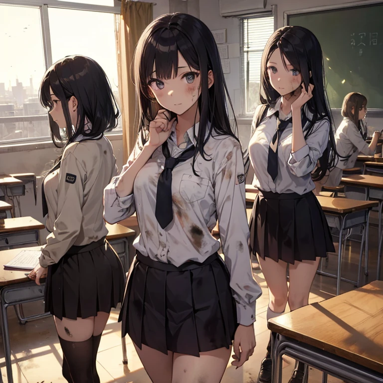 A group of female students, (in classroom), various hair styles, harem, post apocalyptic, details face, short skirt, seducing, school uniforms, dirty body, shattered glass