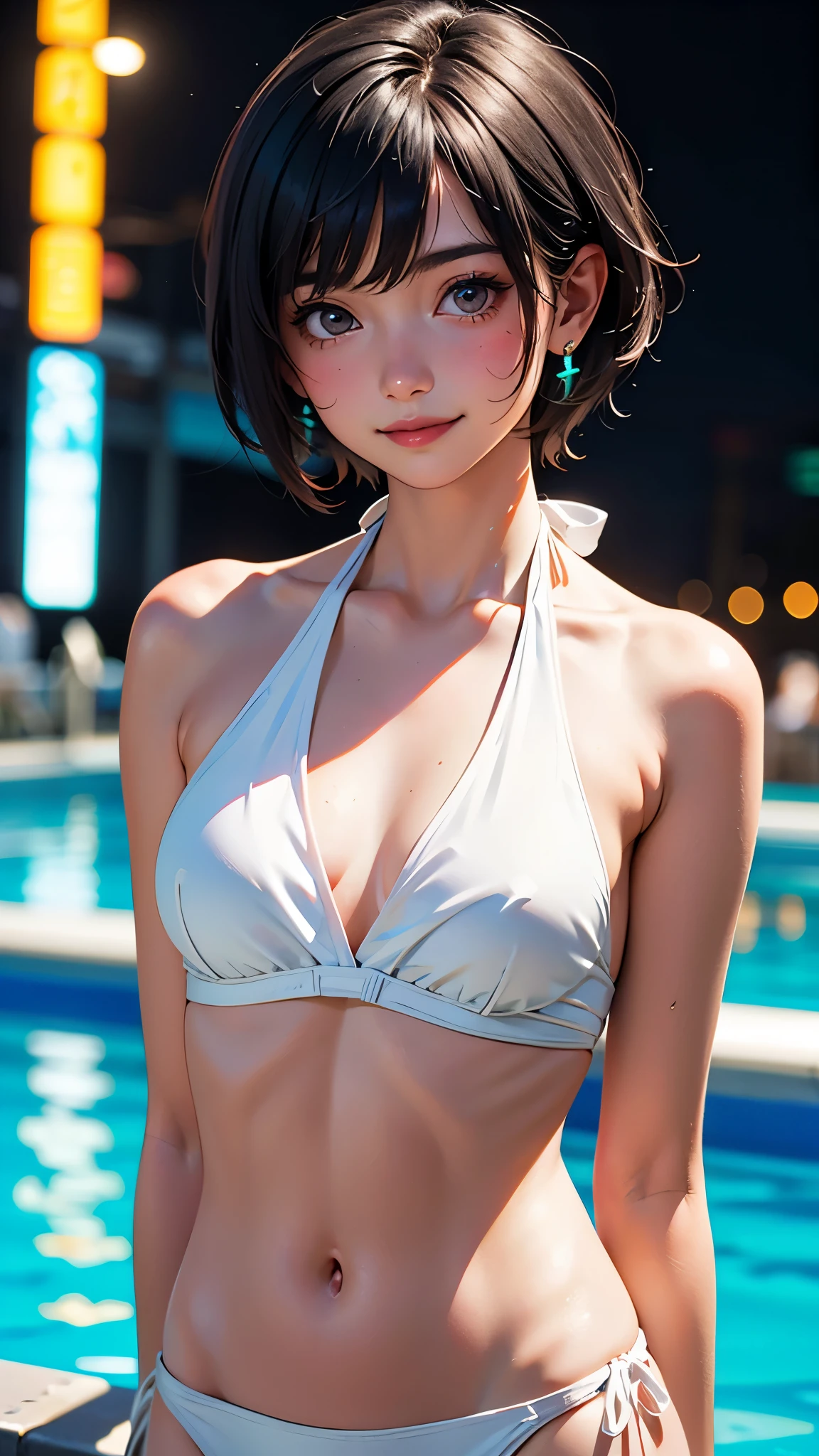 ((Night Pool))、((White Halter Neck Bikini))、((Neon glowing background))、(RAW photo, best quality), (Beauty photography:1.3),(masterpiece), ((upper body)),((japanese,1girl)), ((short Black hair)), looking at the viewer, standing, smiling, earrings,asymmetric_bangs,