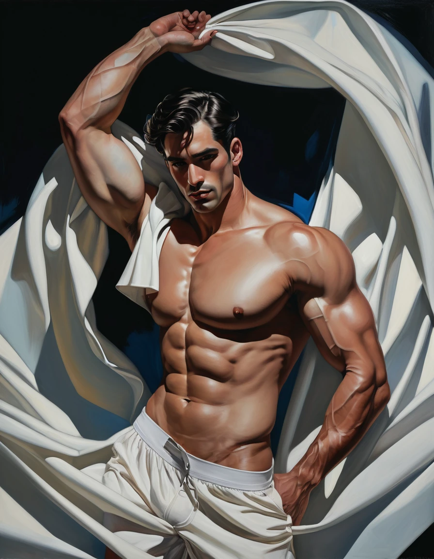 chiaroscuro technique on sensual illustration of an arafed man in white underwear, sexy masculine, diego fazio, male model, by Ludovit Fulla, model with attractive body, inspired by Ludovit Fulla, mid-shot of a hunky, the model draped in flowing, thick oil painting by Harumi Hironaka, extremely soft colors, vibrant, highly detailed, malcolm liepke painting, oil on canvas, high contrast, dramatic, refined, tonal, Create high contrast between light and shadow by Leon Polk Smith, memphis abstract minimal art, graphic shapes, minimal art, blue and red, minimal art style, bauhaus art, inspired by El Lissitzky, bold simple shapes, shadow