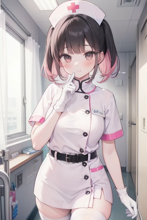 1girl, solo, nurse, nurse cap, white wear, ((white legwear, zettai ryouiki)), white gloves, pink hair,  drooping eyes, ((covered nose)), standing, ((hospital room)), sharp outline, short sleeves, best quality, masterpiece，Fleshy，Brown eyes，Fleshy，Black hair，happy，lol，Heart，belt，Black clothes