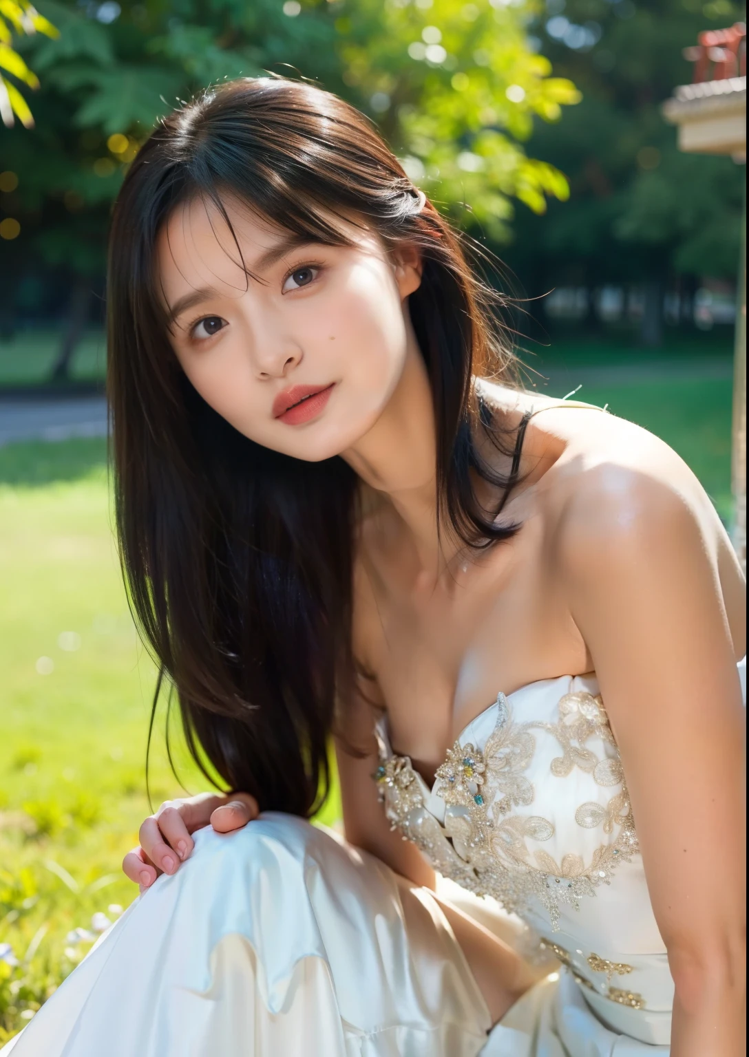 Beautiful tall and slender woman。She is smiling. Her leg is very long.She is wearing a wedding dress. She is illuminated by sunset light. the evening church lights is on . her black hair. High resolution、masterpiece、highest quality、頭w:1.0、((Hasselblad Photos))、fine skin、(movie lighting)、clavicle . full body picture.