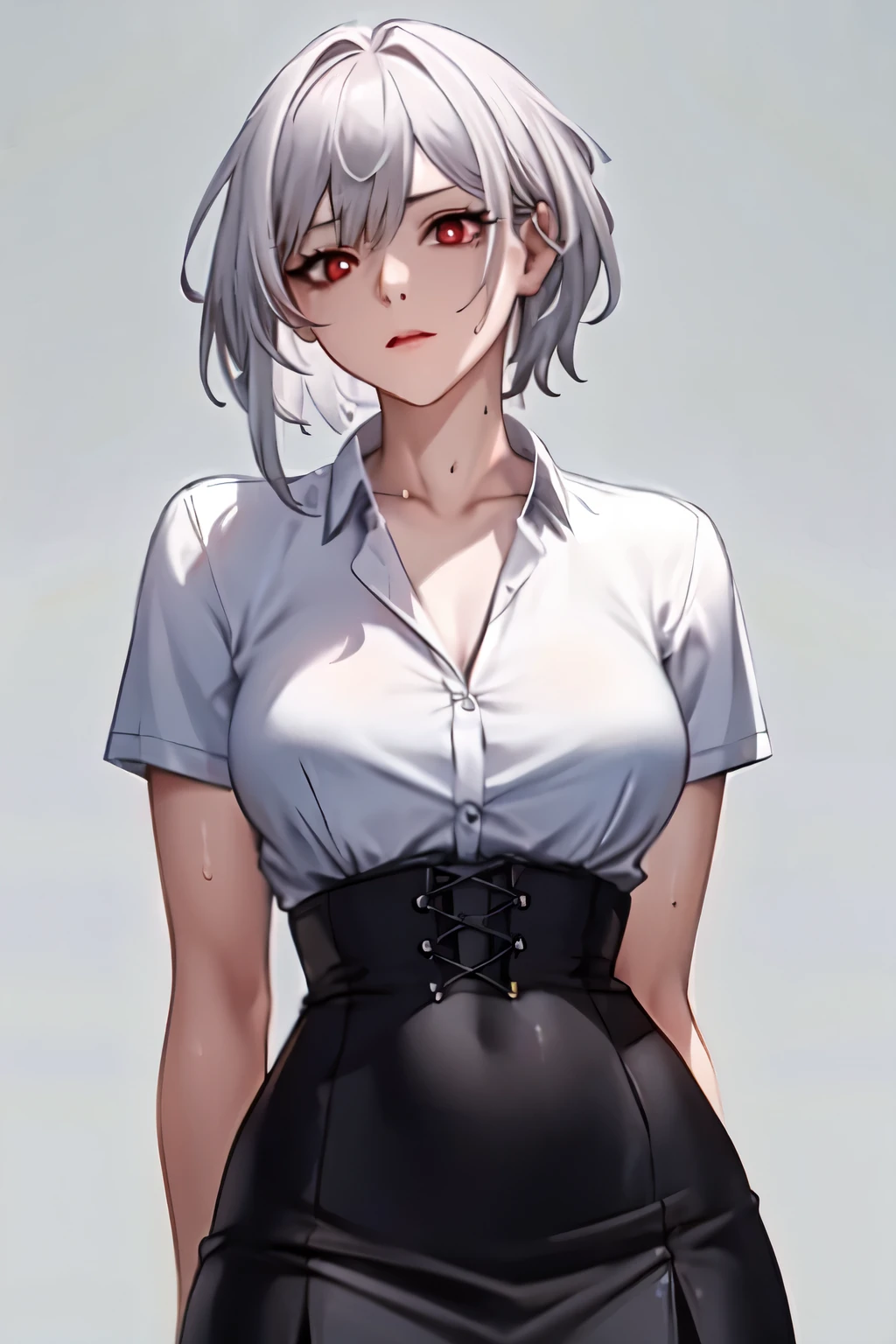 ((best quality)), ((masterpiece)), (detailed), Perfect face((best quality)), ((masterpiece)), (detailed), 4K quality，Ultra HD，Perfect face，White hair，Red eyes，White shirt，Black corset，Black hip skirt，sweat，Gray background，short hair，full，Chest leak，hand behind back，Look squarely at the screen