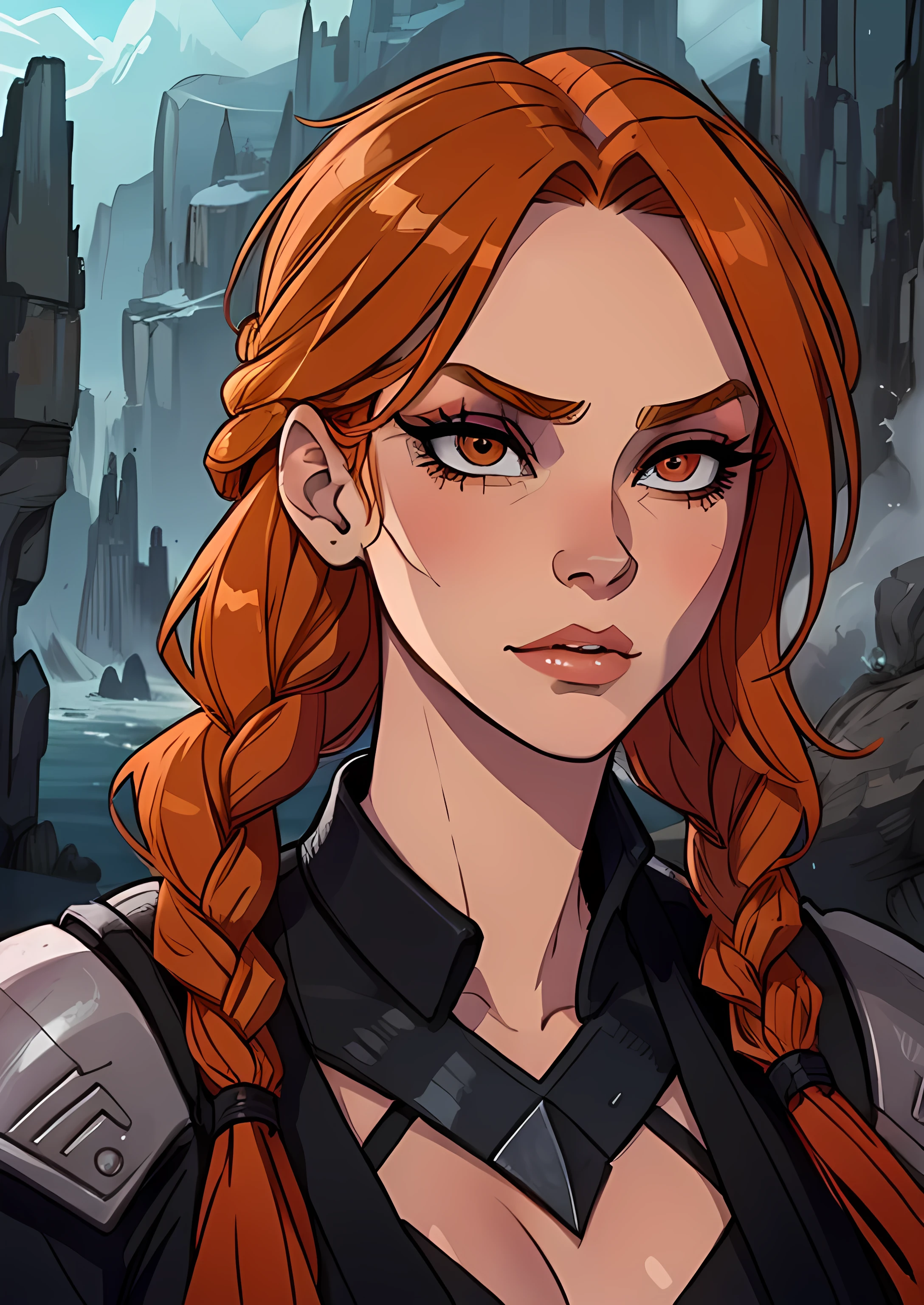 masterpiece, best quality, 1female, face portrait, beautiful, intense makeup, fierce, norse, strong, braided hair, dark orange hair