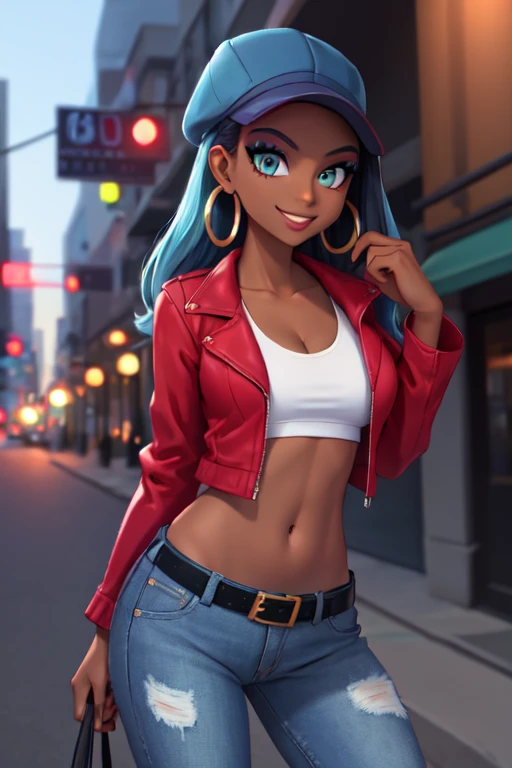 masterpiece, best quality, solo, 1girl, nessacasual, dark skin, makeup, smile, looking at viewer, standing, opened red jacket, white tank-top, ((midriff)), medium breasts, cleavage, tight blue denim pants, belt, hoop earrings, outdoors, city street