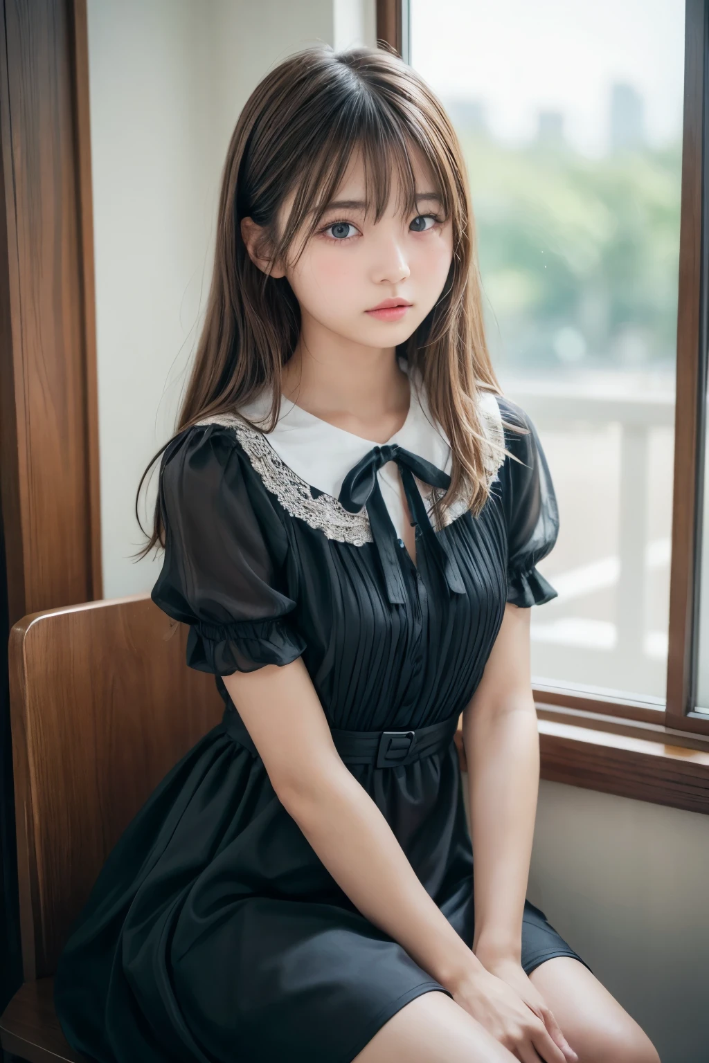 (Best image quality、8k、masterpiece:1.3))、Realistic high-quality photos、highest quality、girl, Cute beautiful face、, Beautiful girl、Photos of slim models、beautiful girlモデル、若いgirl、Young and pretty face、beautiful girl、13 years oldルのgirl、Innocent look、A lovely and delicate face、Brown Hair、bangs, Straight Hair, Beautiful brown eyes、Tear bags、drooping eyes、Young Body、Black dress, ribbon