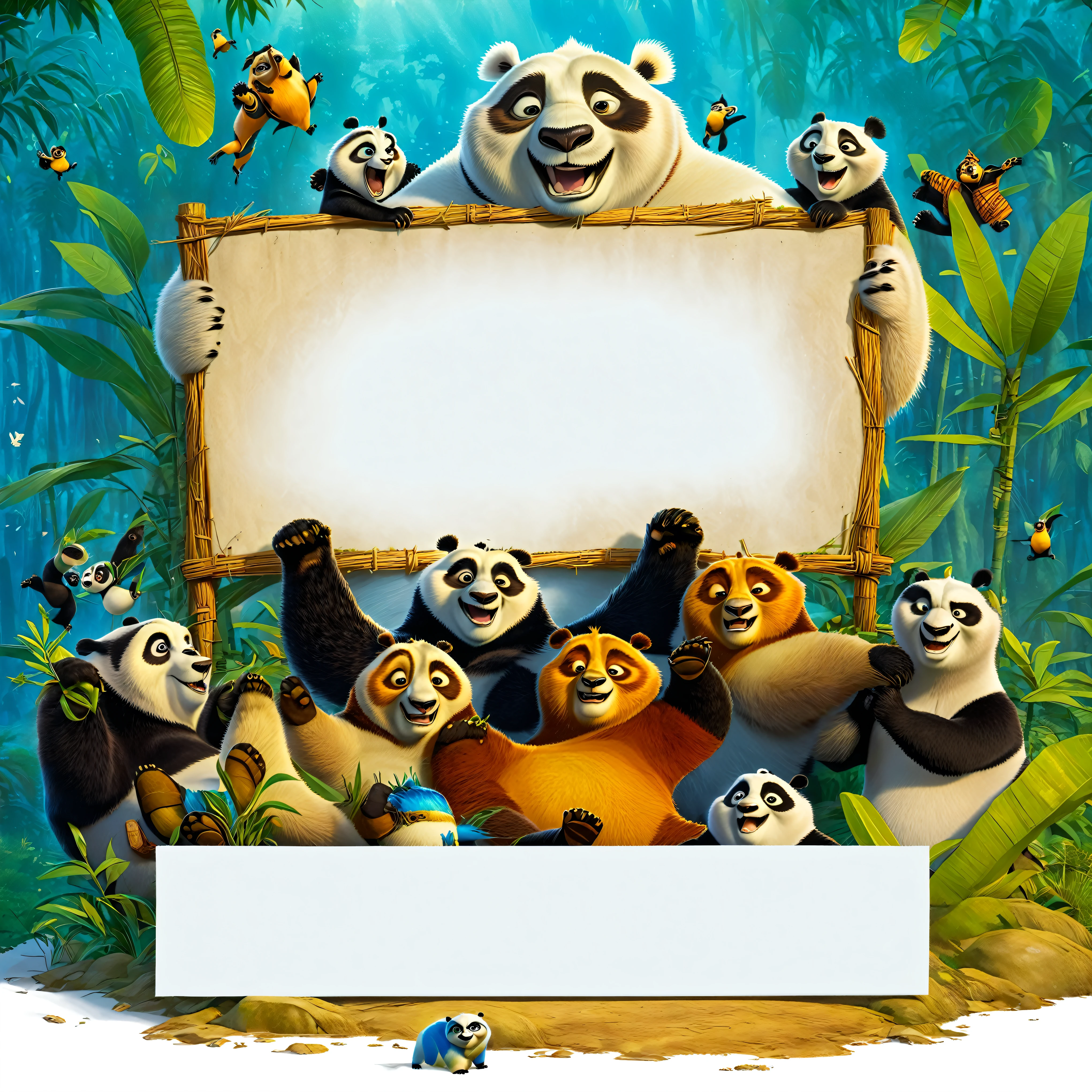 Hay muchos animales diferentes con un cartel en la jungla., movie promotional art, animation printed poster, DreamWorks, DreamWorks animation style, Kung Fu Panda, DreamWorks animation, animated film, fondo del cartel, animated film scene, official illustration, mejor en adobe stock, animated film, arte oficial, animation film, flim, 3 d animated film, promotional image of the movie