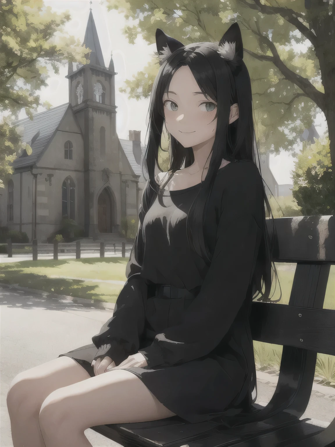 A 15-year-old girl with black cat ears and black hair, sitting on a park bench with a 16th-century church in the background on a sunny day. She is wearing casual clothes, looking up with a smiling expression. Her right eye is dark blue, and her left eye is dark green. She has a strand of hair falling over the right side of her face, but it doesn't completely cover her right eye. There are trees around her casting shadows with small rays of sunlight passing through the leaves. The style should resemble the art from Fullmetal Alchemist, with vibrant and detailed colors, emphasizing her emotions.
