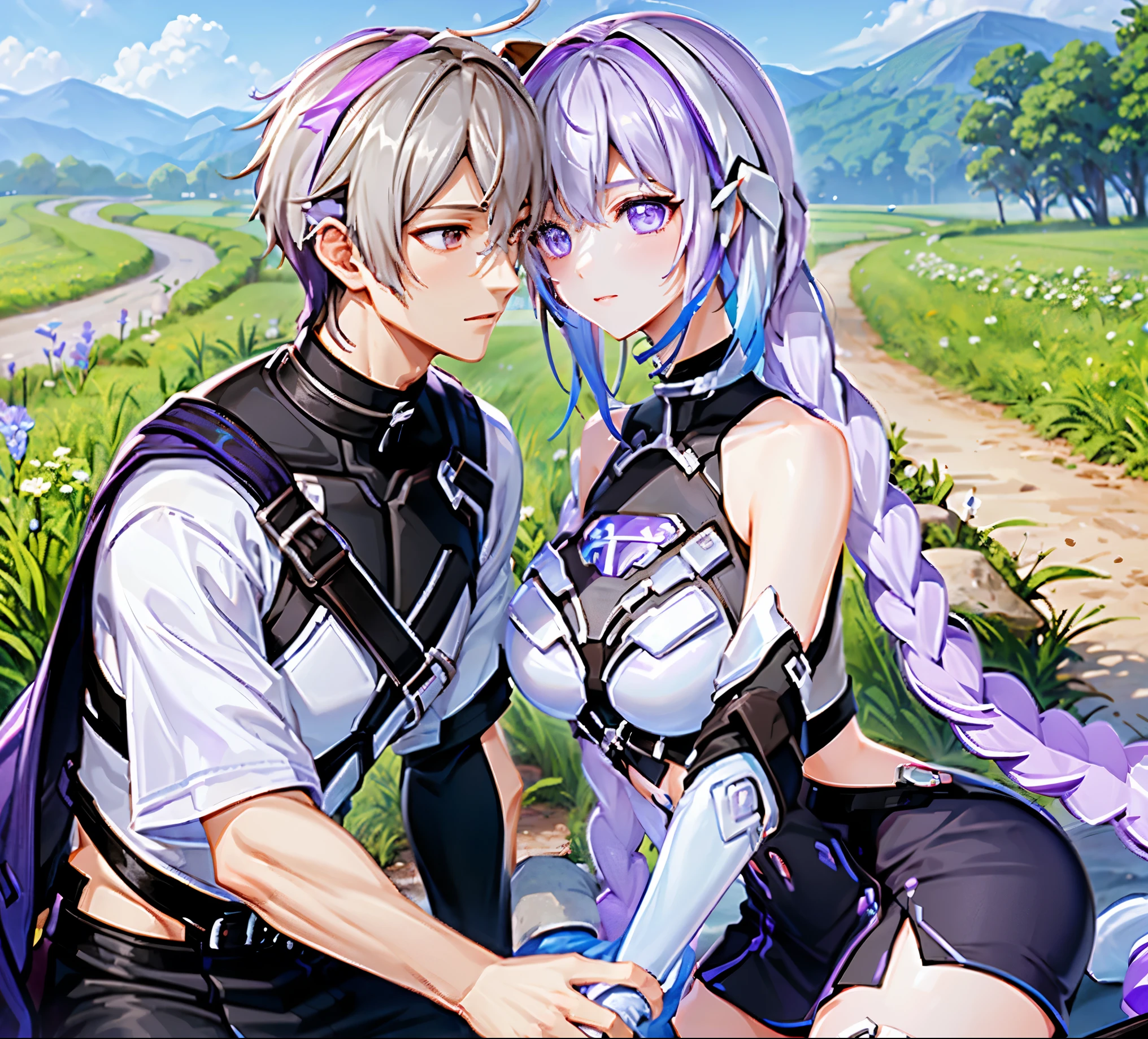 A couple(1 male, 1 woman with purple and white gradient double braids),Meet on a country road,Face to Face,四只眼睛Face to Face,Sunlight,Green fields and hills in the distance in the background,warmth,Romantic,happiness