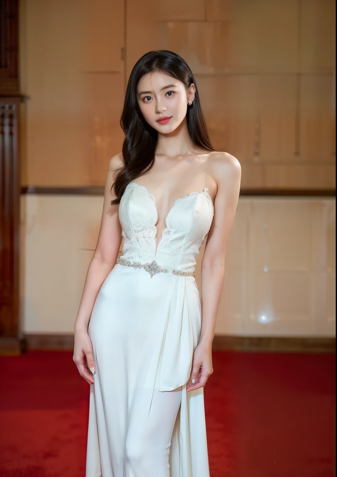 Beautiful 25 year old tall and slender woman。She is smiling. Her leg is very long.She is wearing a wedding dress. She is illuminated by sunset light. the evening church lights is on . her black hair. High resolution、masterpiece、highest quality、頭w:1.0、((Hasselblad Photos))、fine skin、(movie lighting)、clavicle . full body picture.