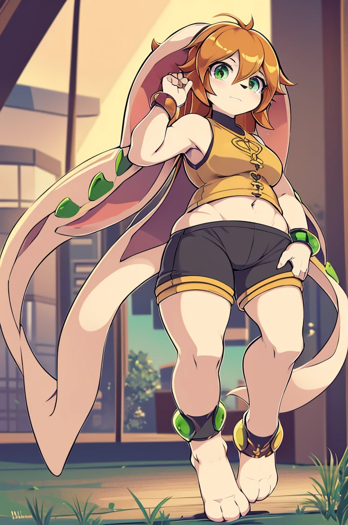 milla basset, masterpiece, best quality, 1girl, solo, long hair, looking at viewer, bangs, brown hair, shirt, animal ears, hair between eyes, bare shoulders, jewelry, breasts, green eyes, standing, tail, thick thighs, outside, black shorts, sleeveless, shiny, bracelet, standing, full body