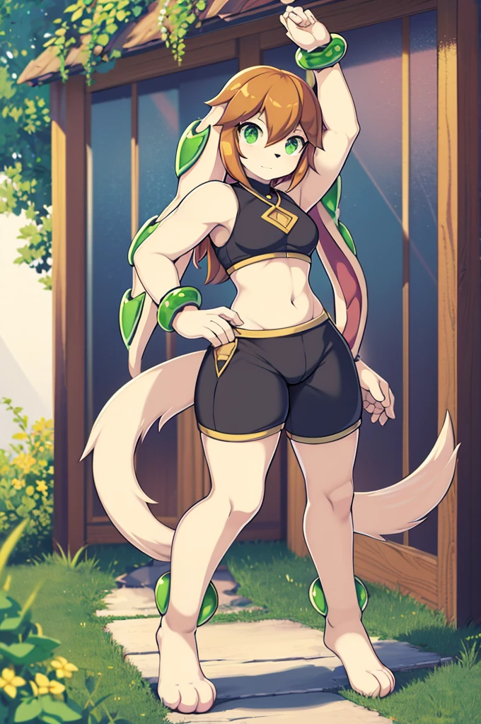 milla basset, masterpiece, best quality, 1girl, solo, long hair, looking at viewer, bangs, brown hair, shirt, animal ears, hair between eyes, bare shoulders, jewelry, breasts, green eyes, standing, tail, thick thighs, outside, black shorts, sleeveless, shiny, bracelet, standing, full body