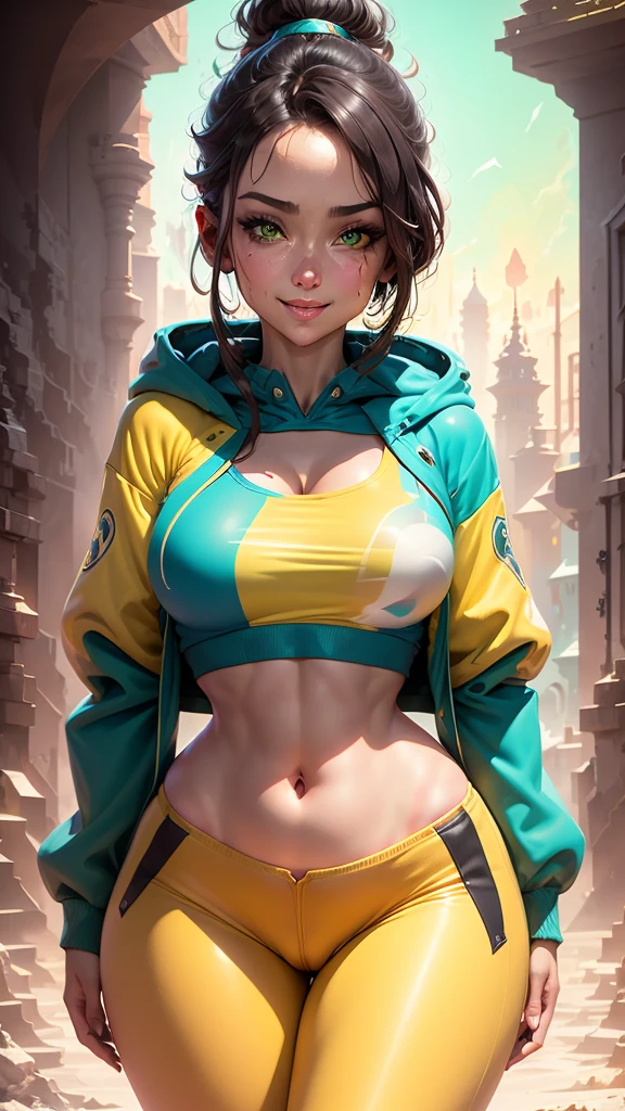 snowy landscape, straight body woman, slim, fit, light-skinned woman, dark hair, ponytail, ski jacket, open jacket, navel, abdominal lines, close-up, bright green eyes, vibrant colors, teal jacket and yellow, ski pants, (((rich textures))), ((extremely detailed)), ((more details)), (((masterpiece))), (((best quality))), (effects magical ), (glow), (((saturated colors))), (bright colors), (vivid colors), rpgcardstyle, ((curvy)), tight-fitting clothing, smile, UHDR, Posing variant,