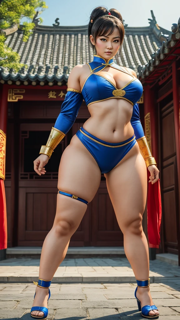 Chunli fighter, wide hips, curvy, long legs, beautiful eyes, beautiful, full body, thick high, paws body ,chunli outfit ,Chinese house background