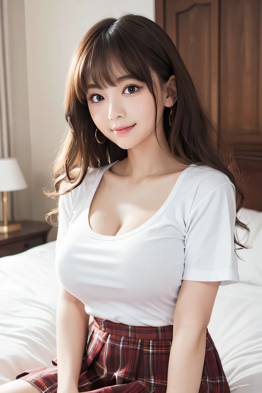 8K, highest quality, real image, intricate details, super detailed, Super high resolution, depth field,(realistic,realistic:1.2), Frontal shot , From the middle , 1 girl, Eye_Chan, very beautiful  girl, innocent big eyes,、beautiful DD breasts:1.5、(highly detailed eyes:1.2)、(beautiful DD breasts:1.1)、wavy hair、curly hair、bangs、, perfect skin, Fair skin, cleavage, tight waist, light blush, alone, looking at the viewer, light smile、(snug white t-shirt、 tartan skirt)、Bedroom