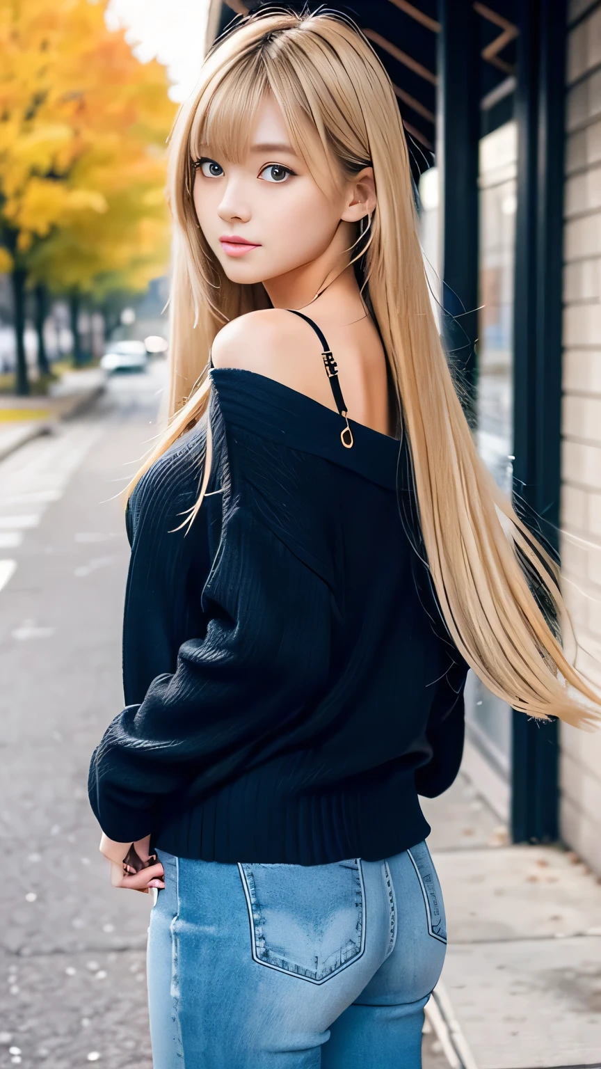 Gal-style autumn fashion、Sexy Big 、A cute 15-year-old girl with a sexy and cute look, beautiful and sexy face、A strong wind blows my hair in front of my face、With straight blonde hair、beautiful, Cute and sexy eyes hidden behind long bangs、I'm wearing a choker、Cute colorful micro mini skirt