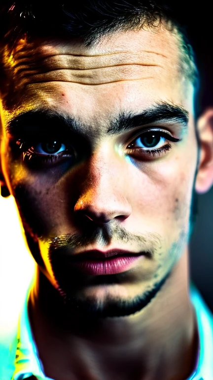 beautiful young man, closeup of face, glaring, detailed facial features, intense expression, sharp lighting, dramatic shadows, cinematic, high contrast, chiaroscuro, moody, dark, brooding